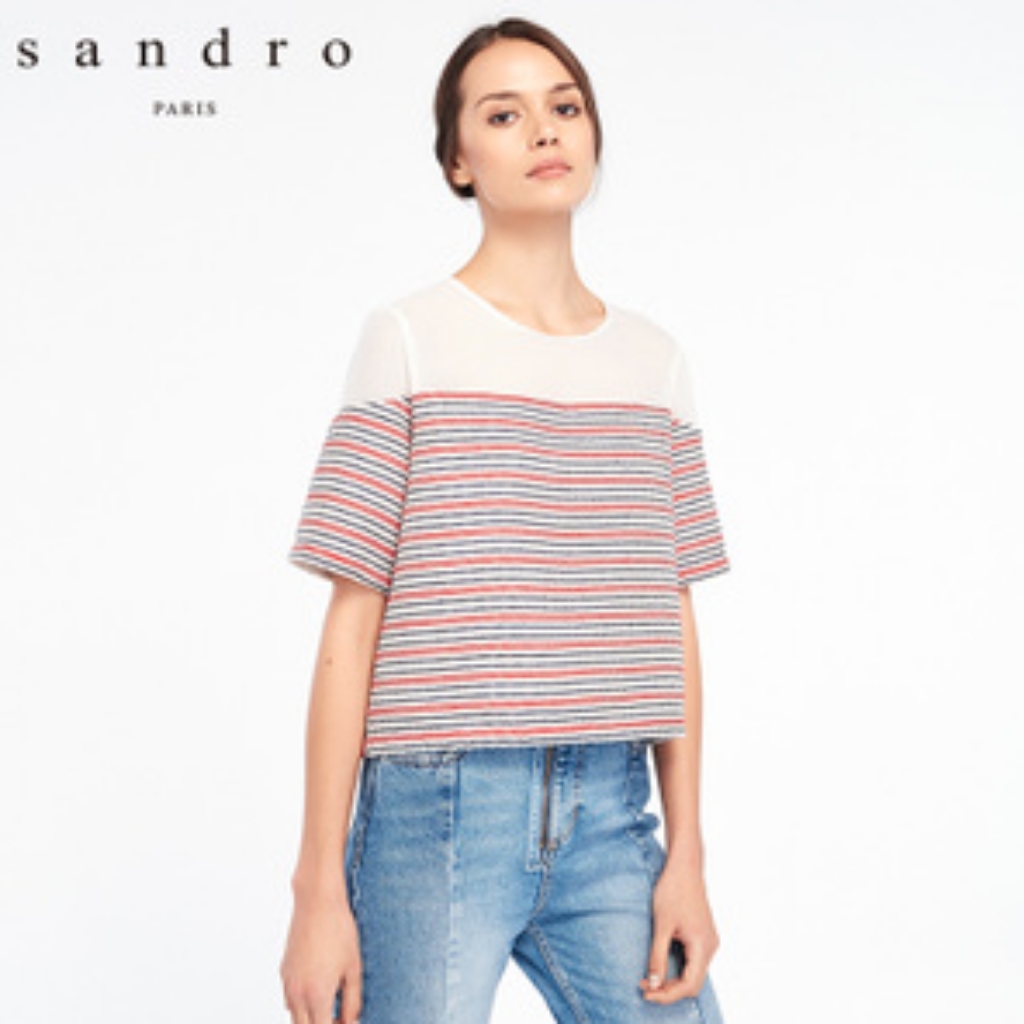 Sandro Red, White & Blue Tweed A-Line Top W Sheer Panel - Size Medium - Like New